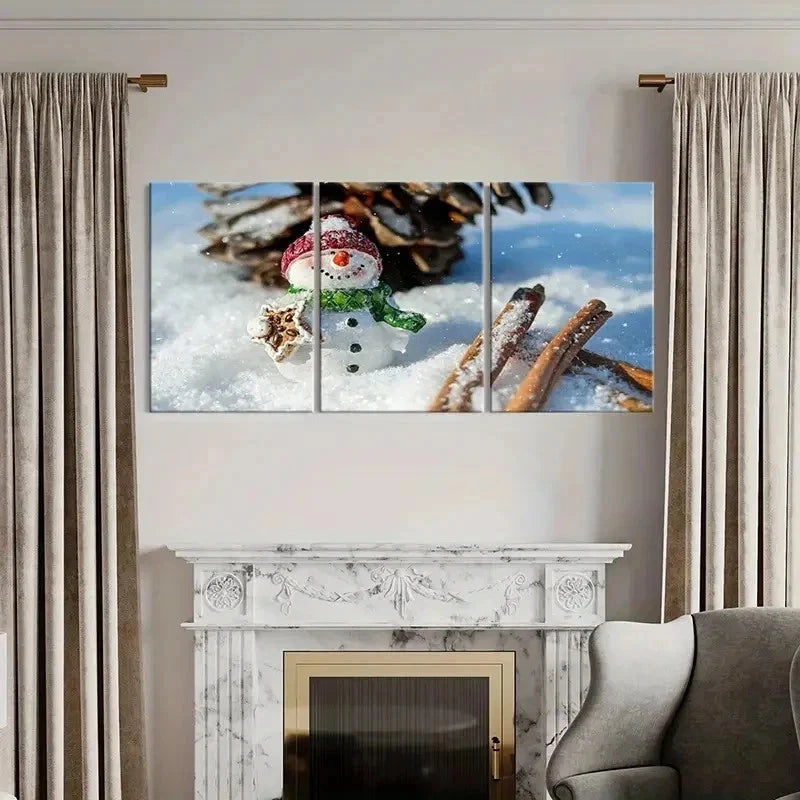 3pcs Winter Christmas Decoration Snowman Wall Art Set Canvas Framed 60x90cm - High Quality Print 100% Australian Made Wall Canvas Ready to Hang