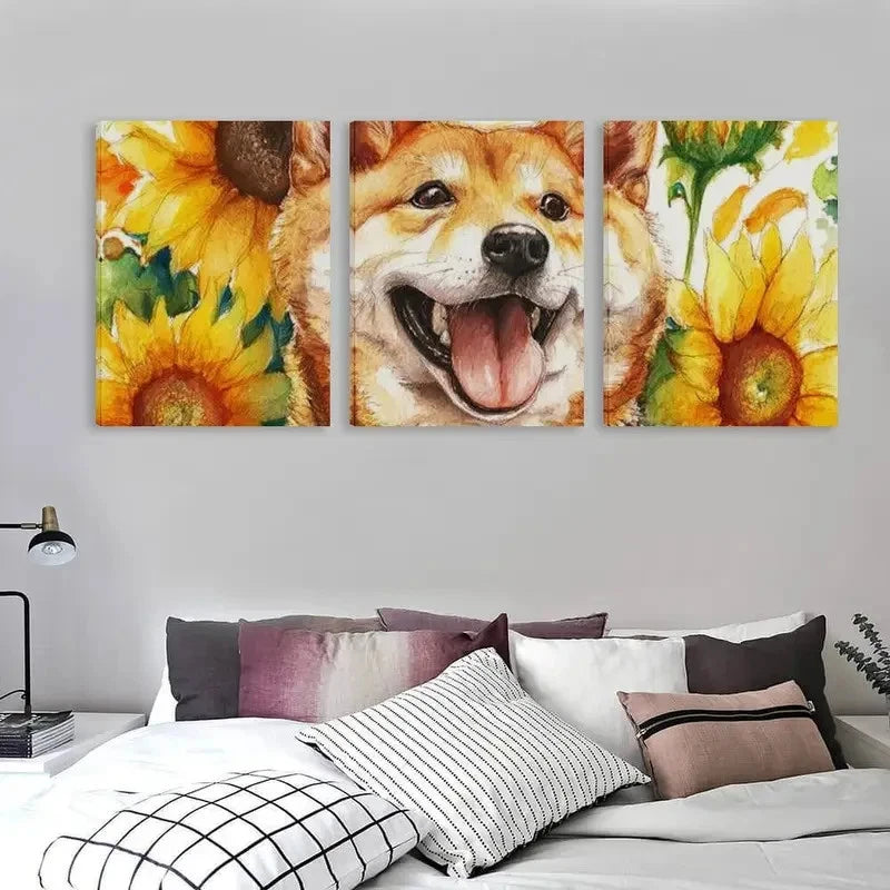 3pcs Happy Golden Shiba Inu In Sunflowers Wall Art Set Canvas Framed 50x70cm - High Quality Print 100% Australian Made Wall Canvas Ready to Hang