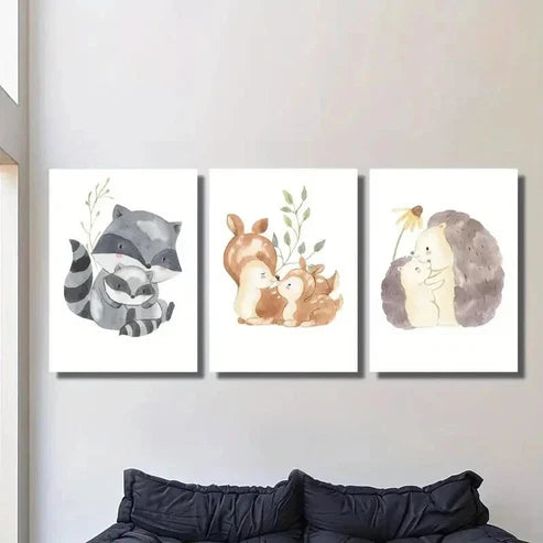 3pcs Raccoon Hedgehog Squirrel Families Wall Art Set Canvas Unframed - High Quality Print 100% Australian Made Wall Canvas