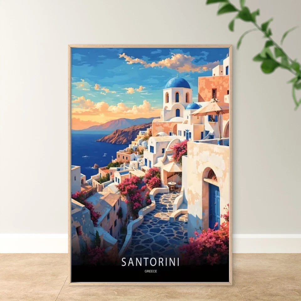 Santorini Greece White & Blue Architecture Travel Poster Print Wall Art