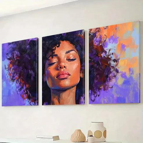 3pcs Vibrant Purple Hair & Expressive Face Art Set Canvas Unframed - High Quality Print 100% Australian Made Wall Canvas