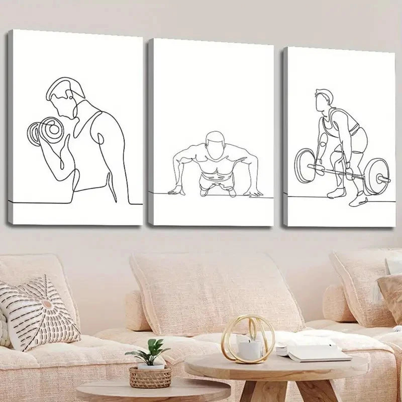 3pcs Weightlifters Push-ups Black and White Wall Art Set Canvas Framed 50x70cm - High Quality Print 100% Australian Made Wall Canvas Ready to Hang - Bella Home Decor