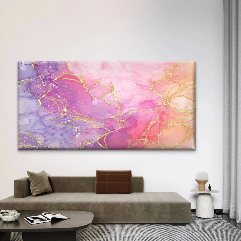 Pink And Gold Shiny Marble Wall Art Canvas Office Home Room Framed 120x60cm