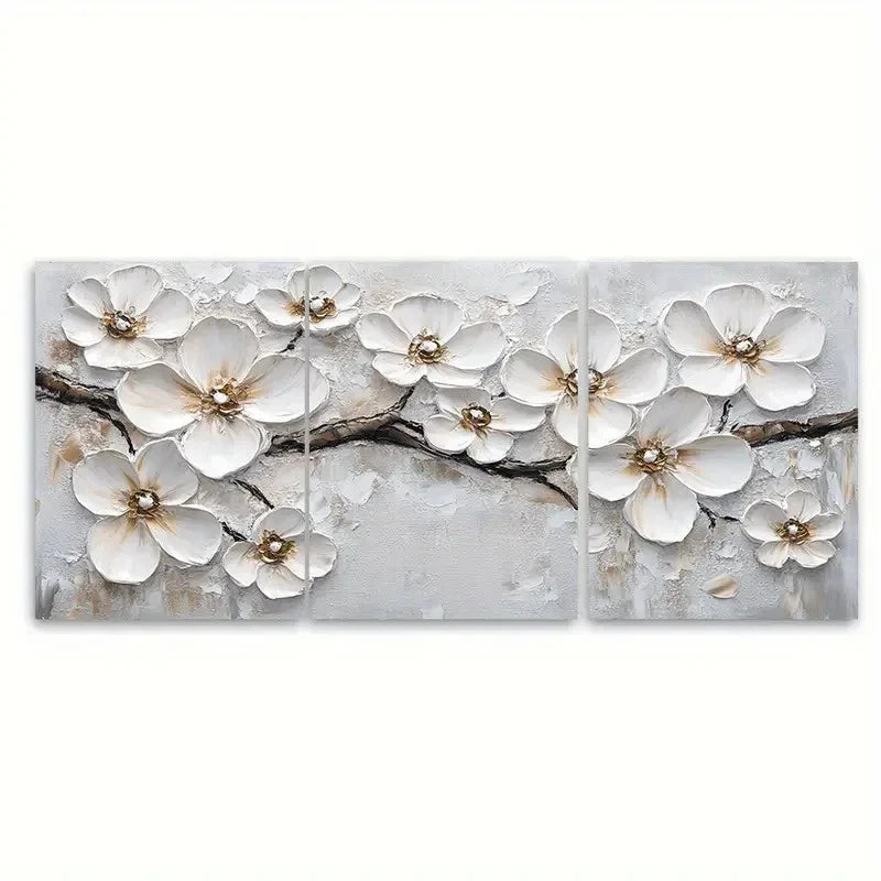 3pcs White Blossom Painting Flowers EI Wall Art Set Canvas Framed 50x70cm - High Quality Print 100% Australian Made Wall Canvas Ready to Hang