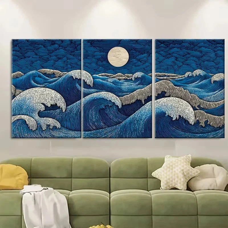 3pcs Moonlit Tides Mystical Wave Ocean Wall Art Set Canvas Framed 40x60cm – High Quality Print 100% Australian Made Wall Canvas Ready to Hang