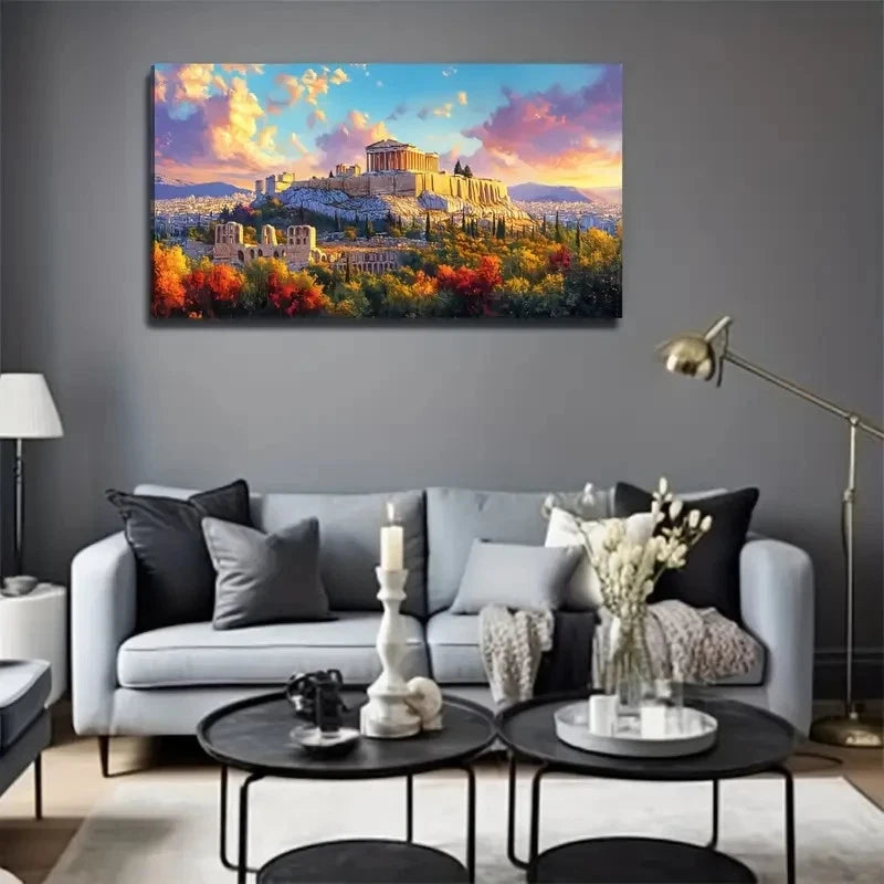 Hilltop Castle Painting Autumn Wall Art Canvas Office Home Room Framed 120x60cm