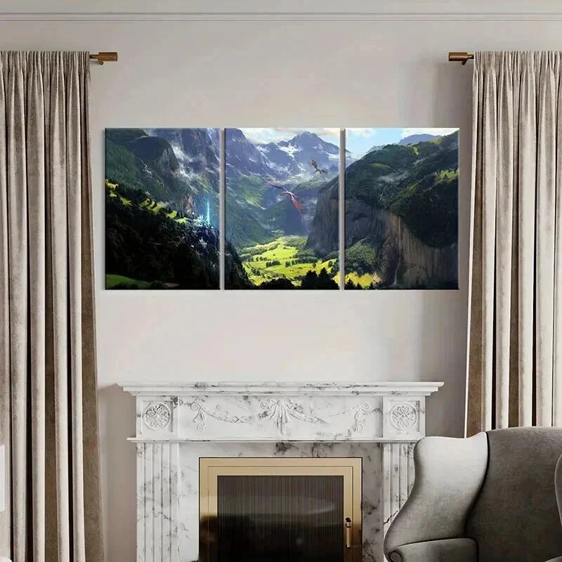 3pcs Fantasy Otherworld Art Dragons Valley Wall Art Set Canvas Framed 60x90cm - High Quality Print 100% Australian Made Wall Canvas Ready to Hang - Bella Home Decor