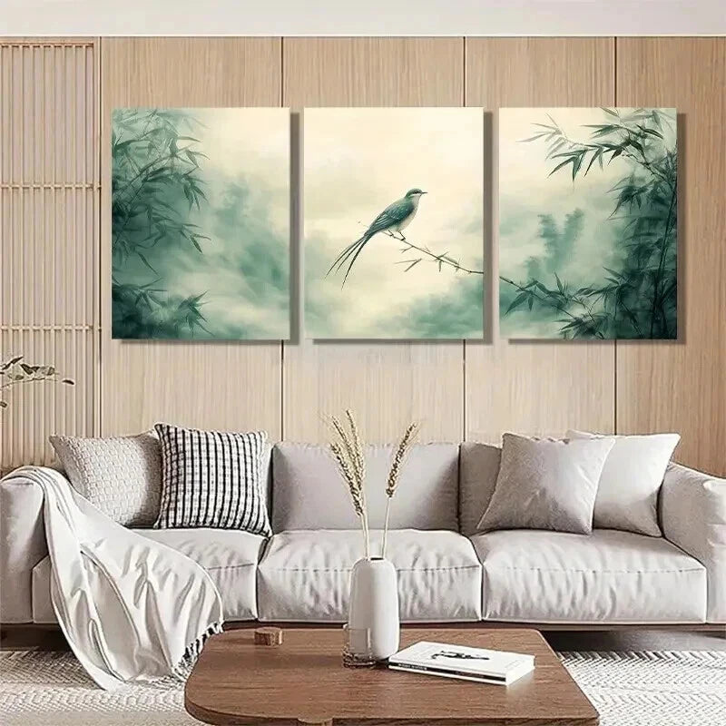 3pcs Serene Bamboo and Bird Nature Perfect Wall Art Set Canvas Framed 60x90cm - High Quality Print 100% Australian Made Wall Canvas Ready to Hang - Bella Home Decor