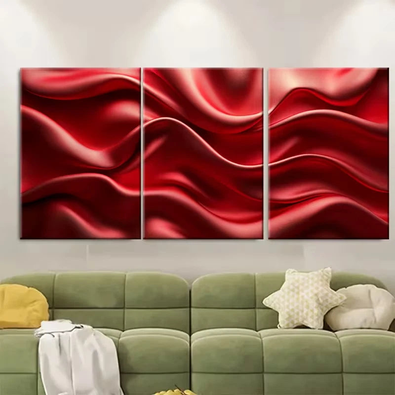 3pcs Red Satin Silk Waves Render Metal Print Ready to Hang Art