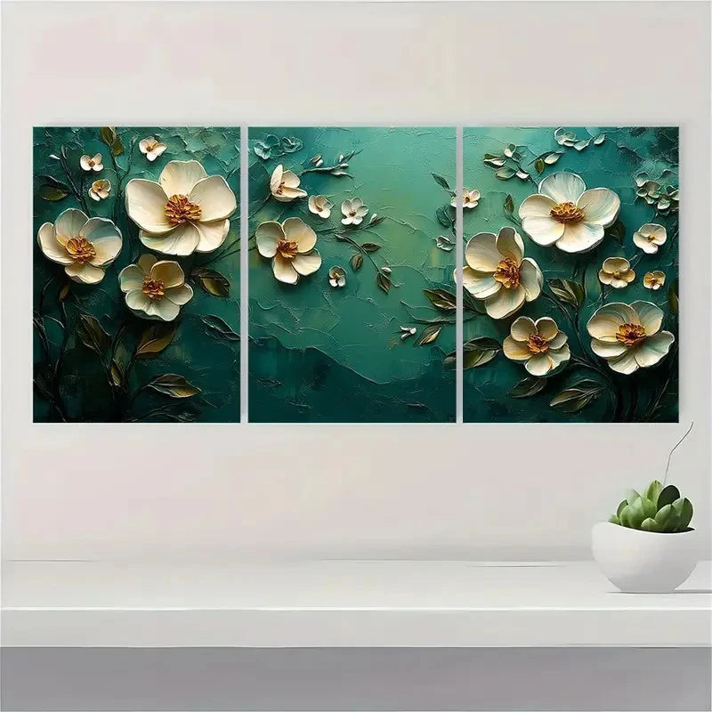 3pcs Abstract Floral Textured Art Green White Wall Art Set Canvas Framed 50x70cm - High Quality Print 100% Australian Made Wall Canvas Ready to Hang - Bella Home Decor