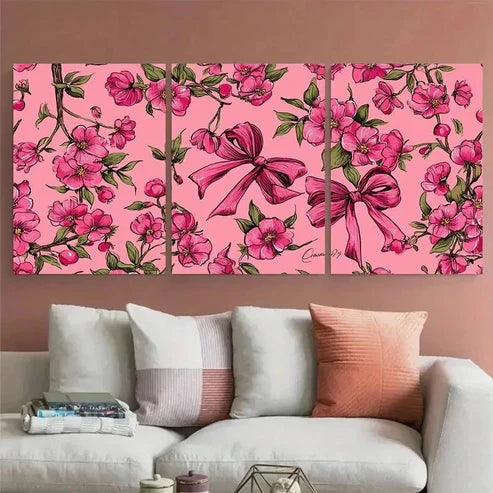 3pcs Ma Cherie Pink Bow Feminine Wall Art Set Canvas Unframed - High Quality Print 100% Australian Made Wall Canvas