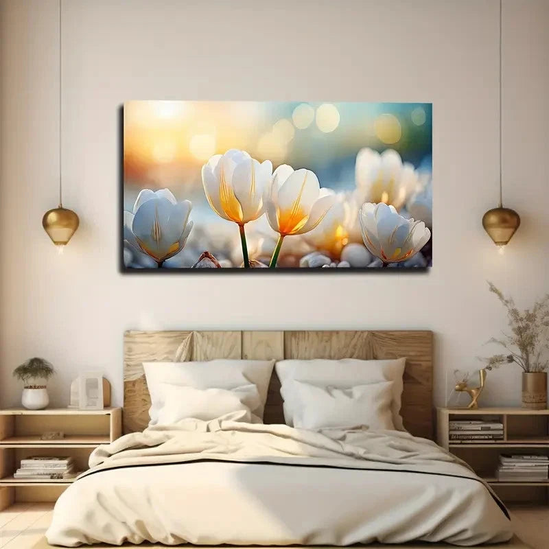 Sunlit White Tulips Bohemian Wall Art Canvas Office Home Room Framed 120x60cm