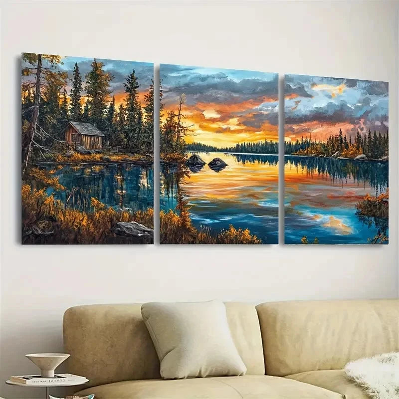 3pcs Dore Lake Lake House Wall Art Set Canvas Framed 50x70cm - High Quality Print 100% Australian Made Wall Canvas Ready to Hang - Bella Home Decor