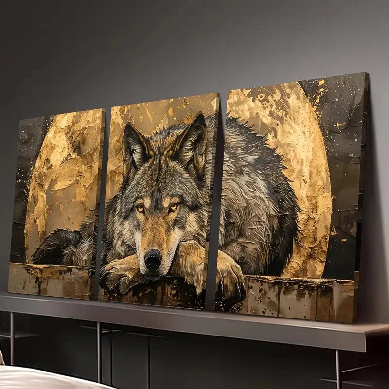 3pcs Wolf on the Moon Abstract Wall Art Set Canvas Framed 60x90cm - High Quality Print 100% Australian Made Wall Canvas Ready to Hang