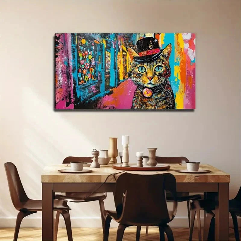 Whimsical Cat In Top Hat Wall Art Canvas Office Home Room Framed 120x60cm