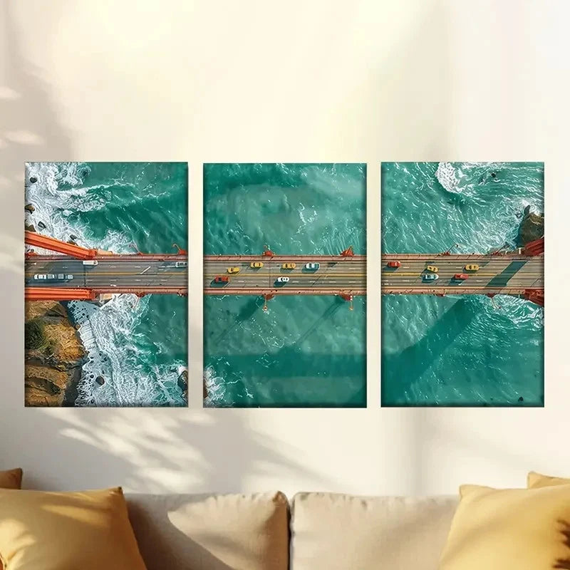 3pcs Golden Gate Bridge Aerial View Wall Art Set Canvas Framed 60x90cm - High Quality Print 100% Australian Made Wall Canvas Ready to Hang - Bella Home Decor