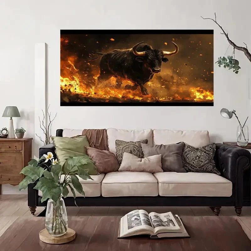 Wild Bull In Flames Dynamic Wall Art Canvas Office Home Room Framed 120x60cm
