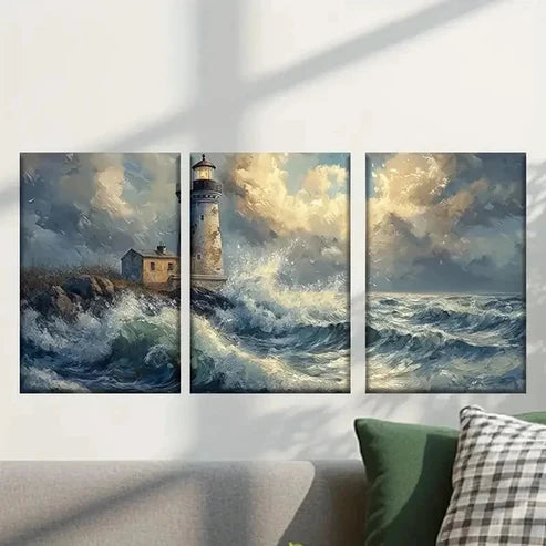3pcs Abstract Lighthouse in the Ocean Wall Art Canvas Unframed - High Quality Print 100% Australian Made Wall Canvas - Bella Home Decor