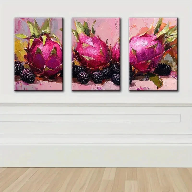 3pcs Dragon Fruit and Blackberries Wall Art Set Canvas Framed 60x90cm - High Quality Print 100% Australian Made Wall Canvas Ready to Hang - Bella Home Decor