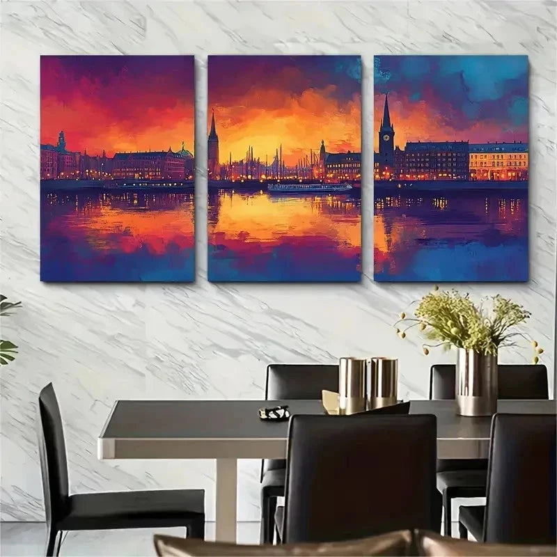 3pcs Hamburg Skyline Décor Reflections Perfect Wall Art Set Canvas Framed 50x70cm - High Quality Print 100% Australian Made Wall Canvas Ready to Hang