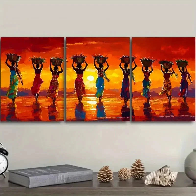3pcs African Women Carrying Plates Wall Art Set Canvas Framed 60x90cm - High Quality Print 100% Australian Made Wall Canvas Ready to Hang - Bella Home Decor
