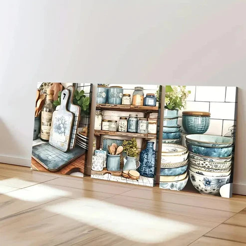 3pcs Modern American Art Deco Style Blue White Wall Art Set Canvas Unframed - High Quality Print 100% Australian Made Wall Canvas