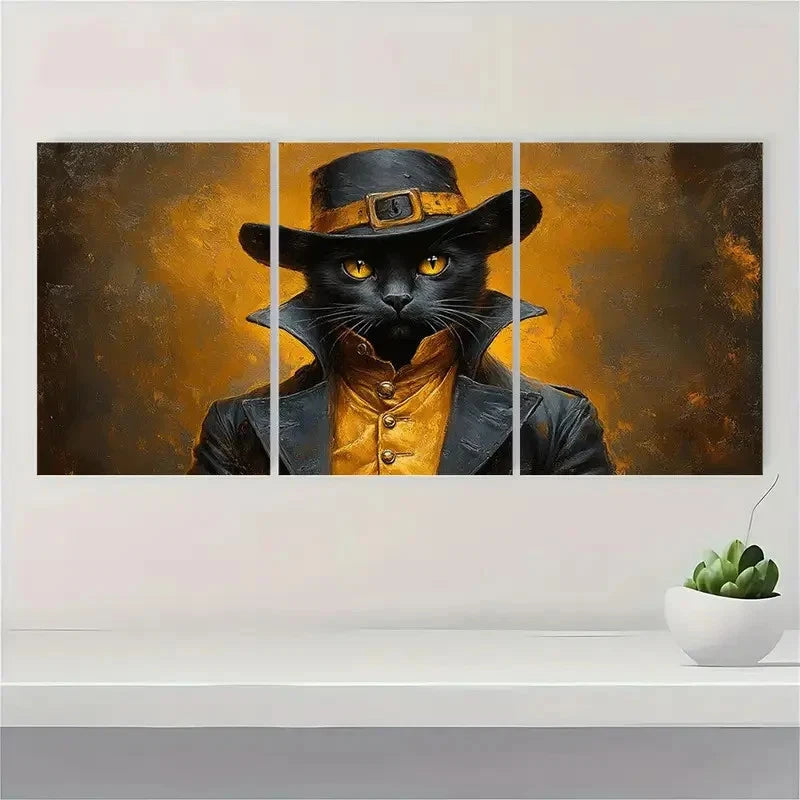 3pcs Gentleman Black Cat ART Wall Art Set Canvas Framed 60x90cm - High Quality Print 100% Australian Made Wall Canvas Ready to Hang - Bella Home Decor