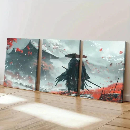 3pcs Dynamic Samurai & Autumn Leaves Wall Art Set Canvas Unframed - High Quality Print 100% Australian Made Wall Canvas - Bella Home Decor