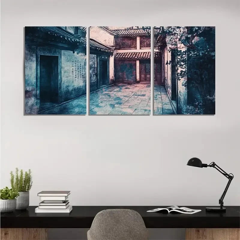 3pcs Courtyard Under the Northern Lights CUNL Wall Art Set Canvas Framed 50x70cm - High Quality Print 100% Australian Made Wall Canvas Ready to Hang - Bella Home Decor