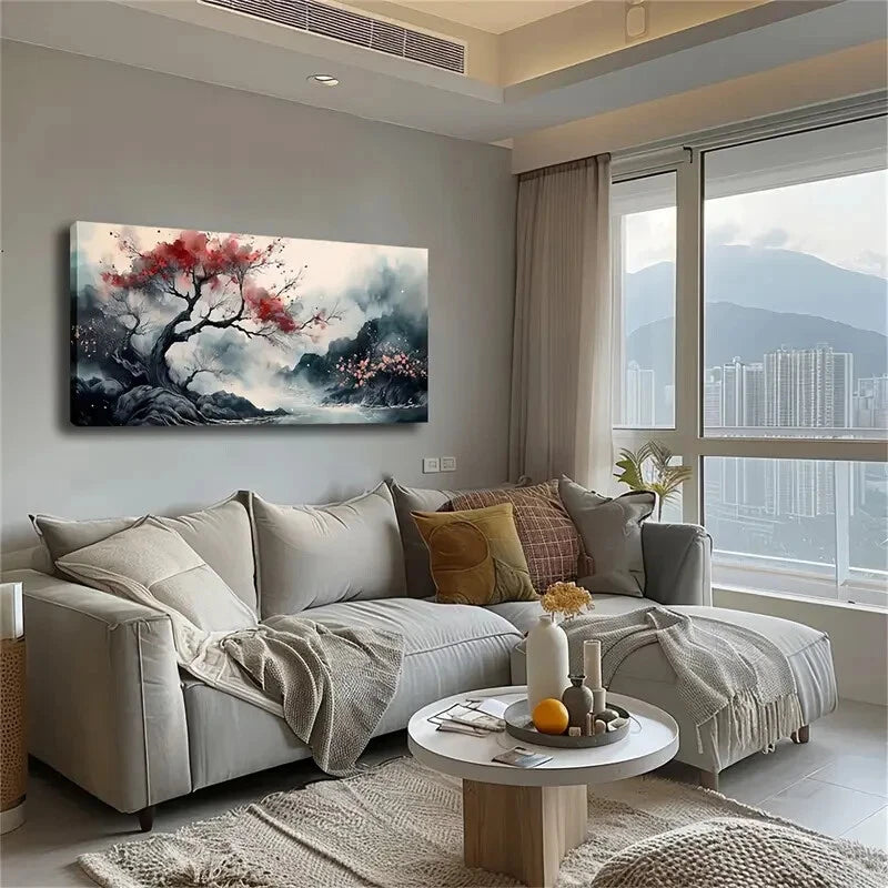Tree Branch Blooming Big Red Wall Art Canvas Office Home Room Framed 120x60cm - Bella Home Decor