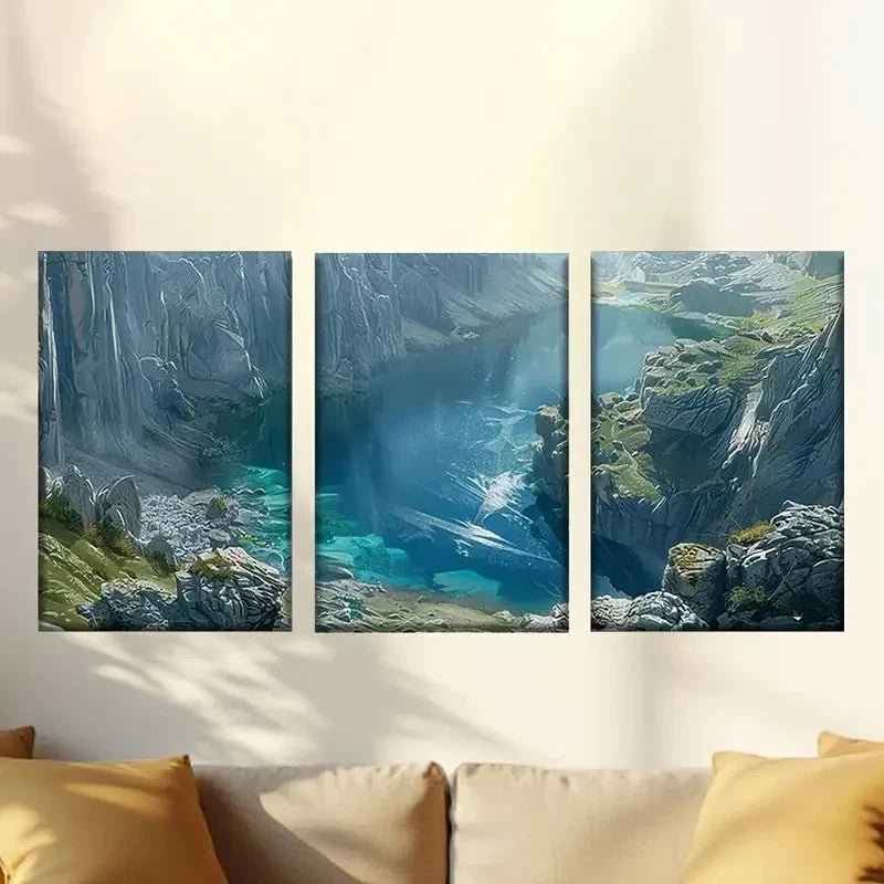 3pcs Deep Green Lake Canyon Wall Art Set Canvas Framed 50x70cm - High Quality Print 100% Australian Made Wall Canvas Ready to Hang - Bella Home Decor