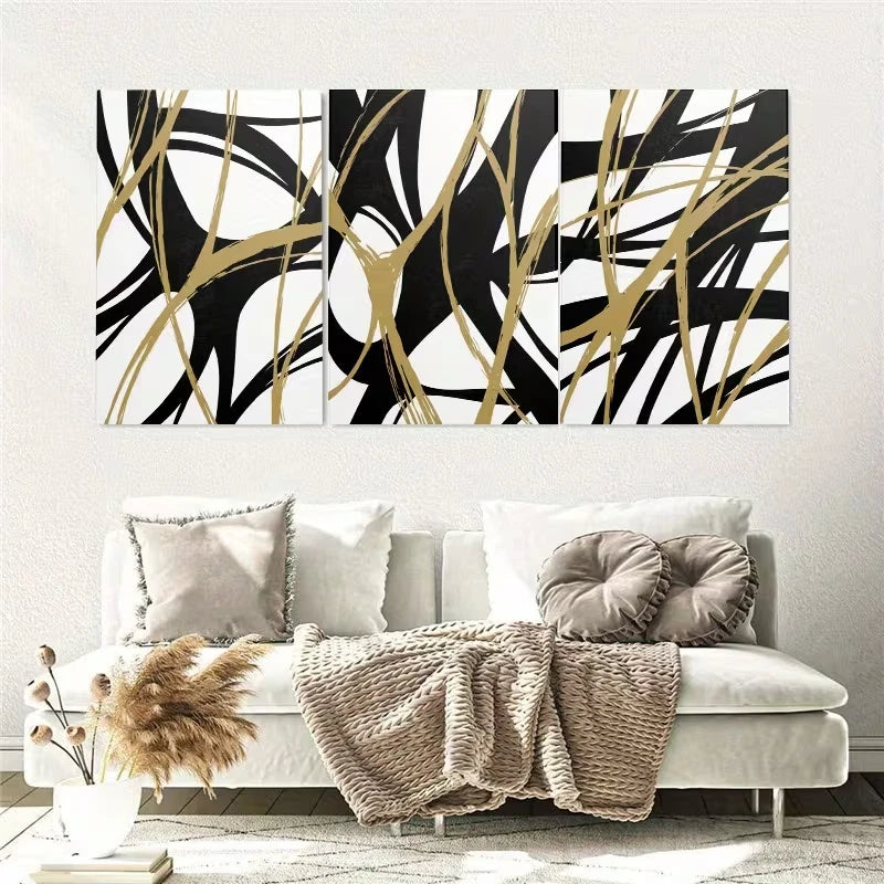 3pcs Abstract black and Golden line Wall Art Set Canvas Framed 60x90cm - High Quality Print 100% Australian Made Wall Canvas Ready to Hang