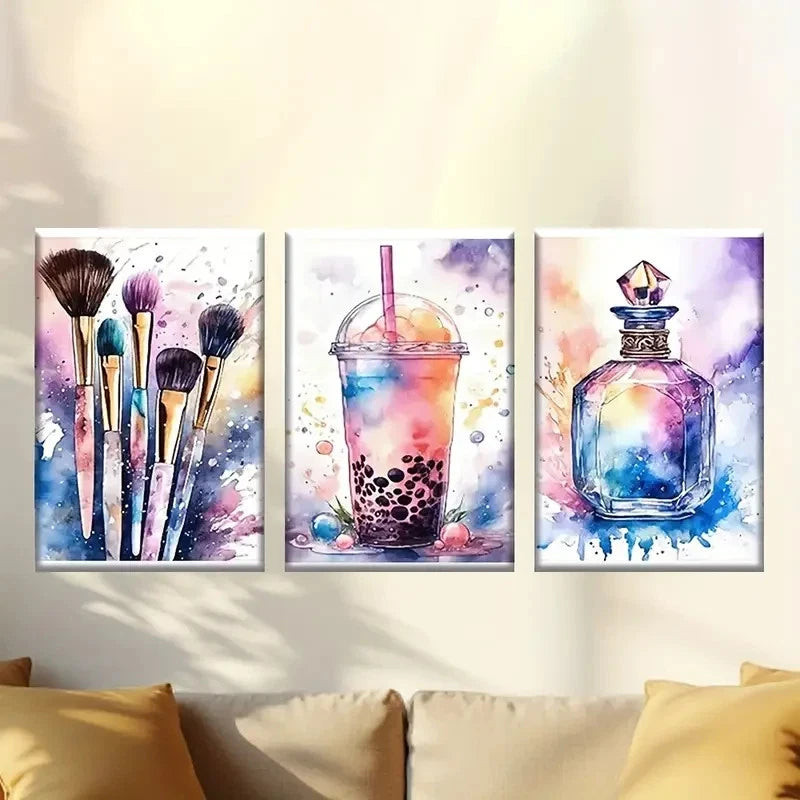 3pcs Paint Brushes Drink & Crystal Bottle Wall Art Set Canvas Framed 60x90cm - High Quality Print 100% Australian Made Wall Canvas Ready to Hang