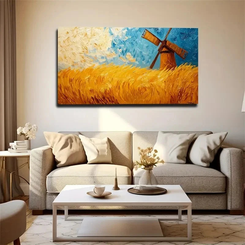 Majestic Wheat Field Windmill Wall Art Canvas Office Home Room Framed 120x60cm