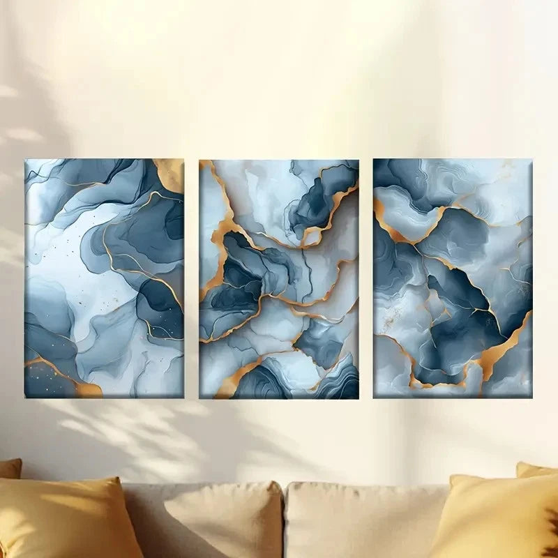 3pcs Abstract blue and Golden marble Wall Art Set Canvas Framed 50x70cm - High Quality Print 100% Australian Made Wall Canvas Ready to Hang - Bella Home Decor