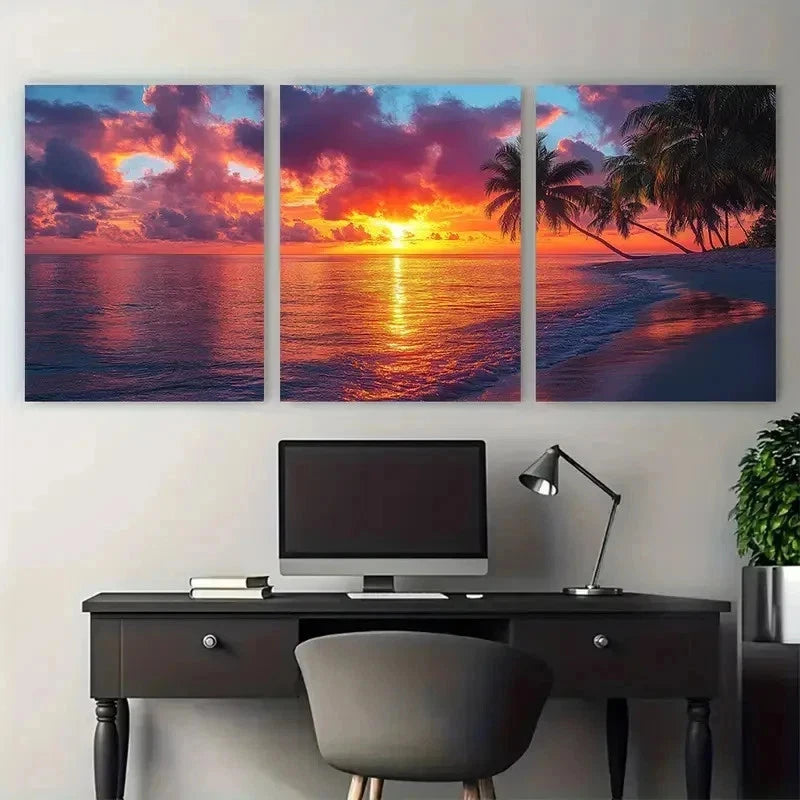 3pcs Tropical Beach Sunset Perfect Wall Art Set Canvas Framed 50x70cm - High Quality Print 100% Australian Made Wall Canvas Ready to Hang