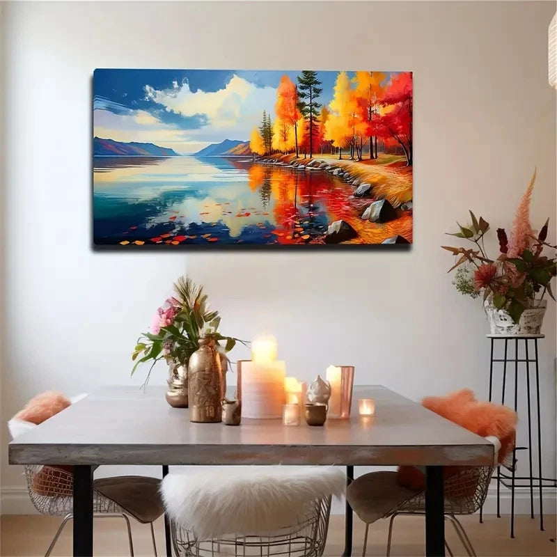 Autumn Lakeside Landscape Wall Art Canvas Office Home Room Framed 120x60cm