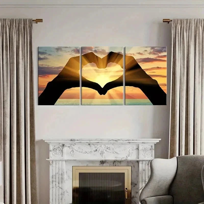 3pcs Hands Forming a Heart with Sunset Wall Art Set Canvas Framed 60x90cm - High Quality Print 100% Australian Made Wall Canvas Ready to Hang