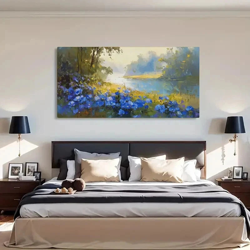 Vibrant Blue Flowers & Serenec Wall Art Canvas Office Home Room Framed 120x60cm - Bella Home Decor