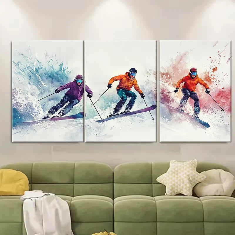 3pcs Skiing Painting Metal Print Ready to Hang Art