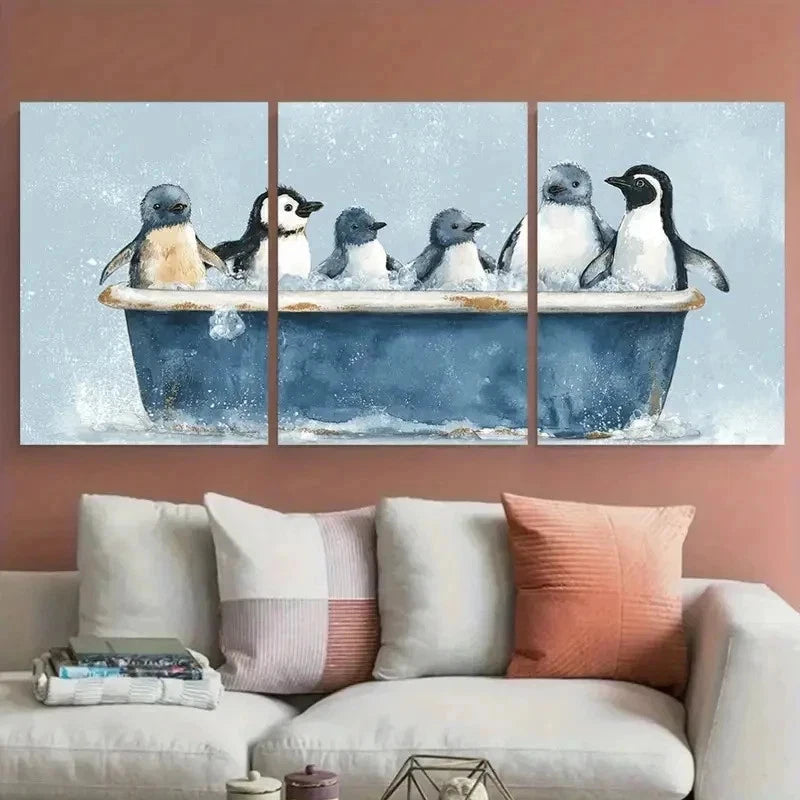 3pcs Vibrant Penguins In Bathtub Perfect Wall Art Set Canvas Framed 60x90cm - High Quality Print 100% Australian Made Wall Canvas Ready to Hang
