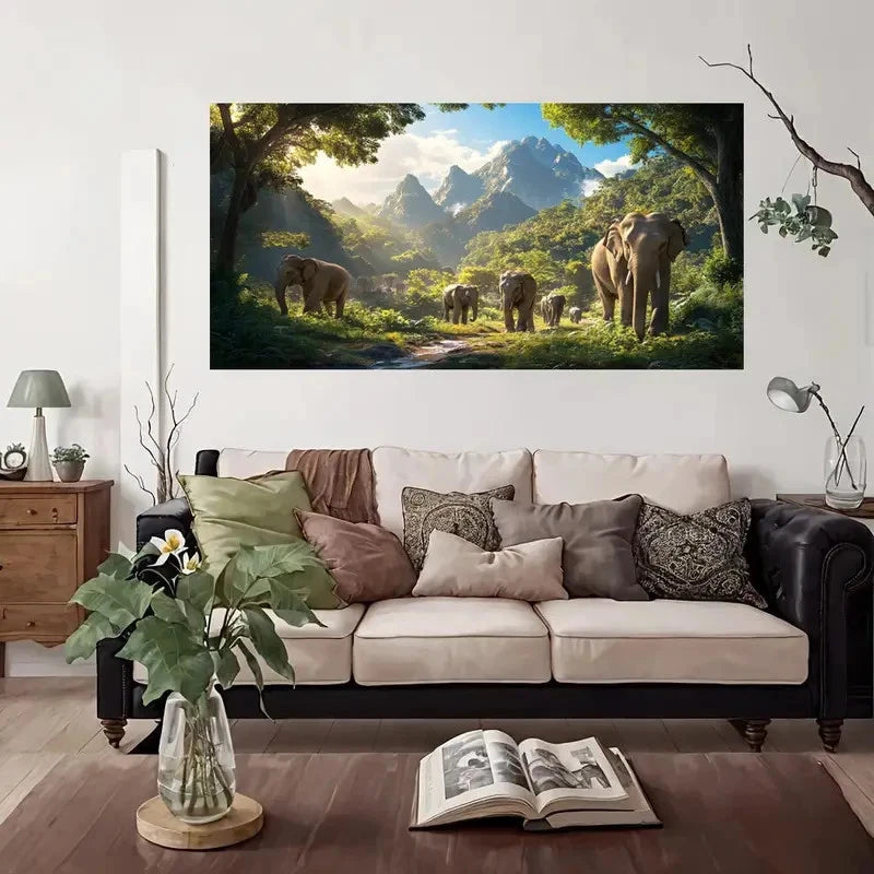 Elephant Family Tropical Wall Art Canvas Office Home Room Framed 120x60cm