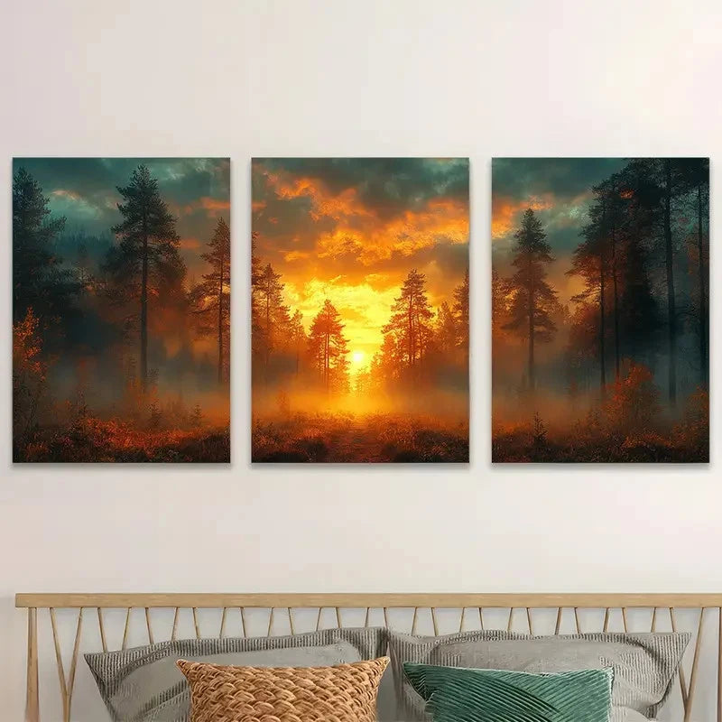 3pcs Pine Forest Dark Sky & Sunset Scene Wall Art Set Canvas Framed 60x90cm - High Quality Print 100% Australian Made Wall Canvas Ready to Hang