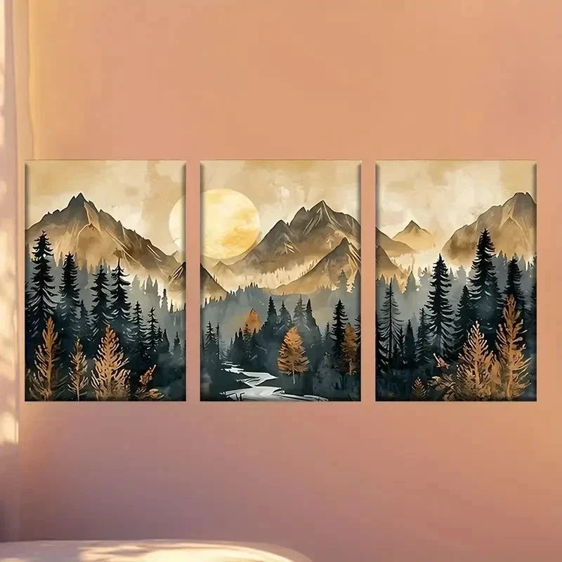 3pcs Mountain Scene with River and Trees Wall Art Set Canvas Framed 50x70cm - High Quality Print 100% Australian Made Wall Canvas Ready to Hang