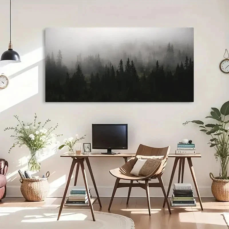 Serene Forest & Fog Scene Wall Art Canvas Office Home Room Framed 120x60cm
