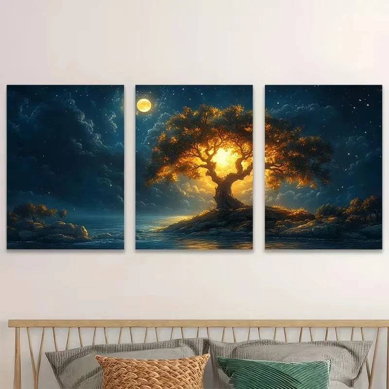 3pcs Moonlit Nature Mystical Tree Wall Art Set Canvas Framed 50x70cm - High Quality Print 100% Australian Made Wall Canvas Ready to Hang