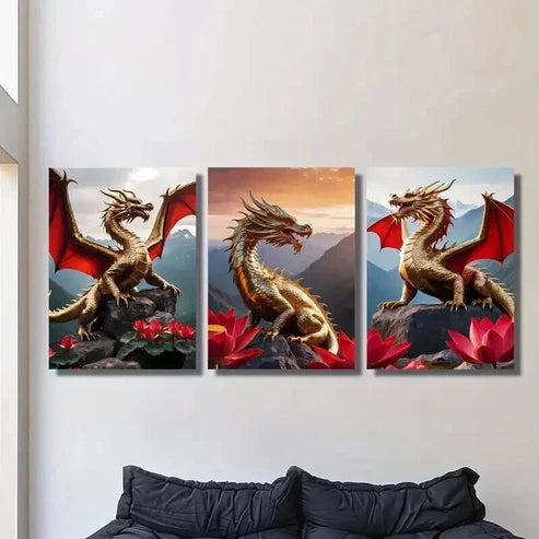 3pcs Golden Dragons with Red Wings Wall Art Canvas Unframed - High Quality Print 100% Australian Made Wall Canvas - Bella Home Decor