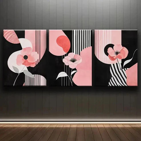 3pcs Pink Flowers & Black White Shapes Wall Art Canvas Unframed - High Quality Print 100% Australian Made Wall Canvas