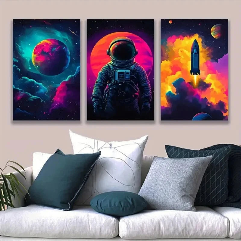3pcs Astronaut In Space With Neon Hued Planet Wall Art Set Canvas Framed 60x90cm - High Quality Print 100% Australian Made Wall Canvas Ready to Hang - Bella Home Decor
