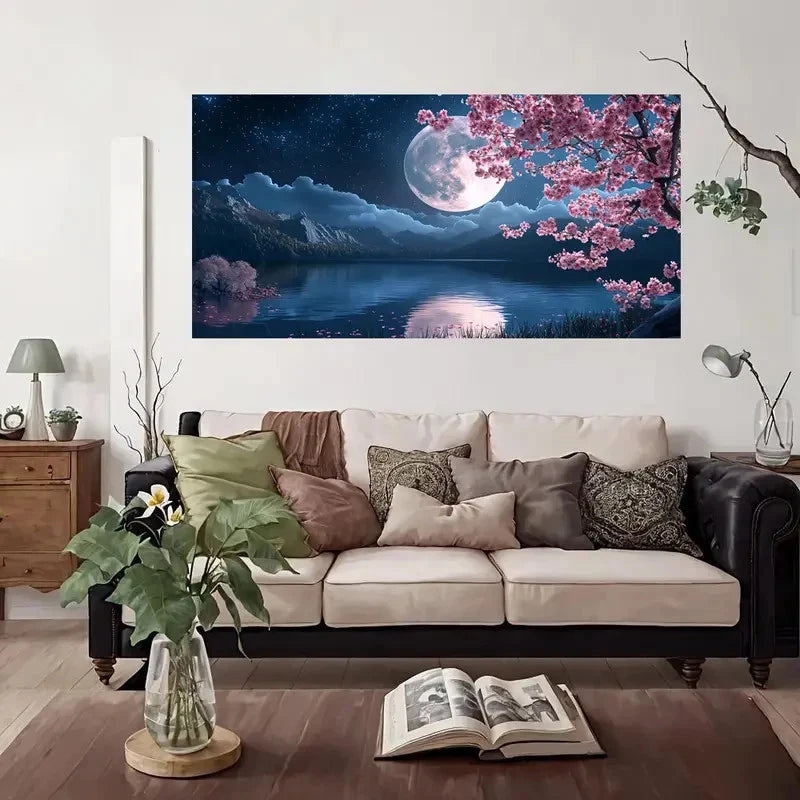Serene Lake & Cherry Blossoms Wall Art Canvas Office Home Room Framed 120x60cm